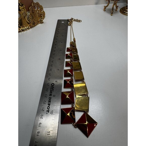Vintage Red Gold Enamel Geometric Necklace Marc Jacobs Style Statement - Picture 5 of 7